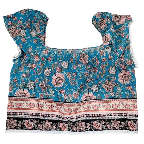 Greathe Floral Crop Top Womens XL Blue & Pink Pattern Short /No Sleeve New in Ba - Picture 1 of 6